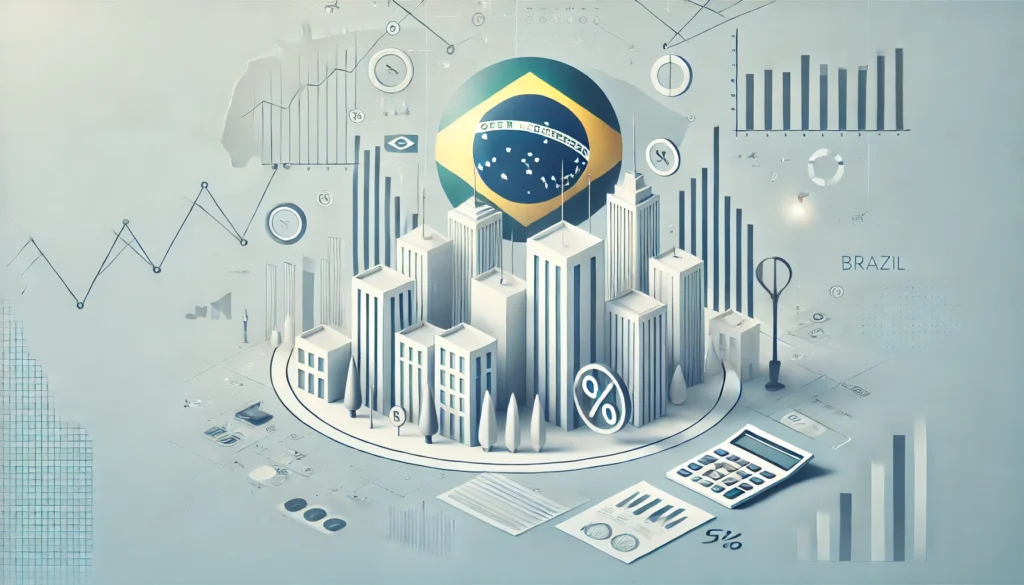 Imagem clean representando a tributação de multinacionais no Brasil, com elementos corporativos e financeiros.