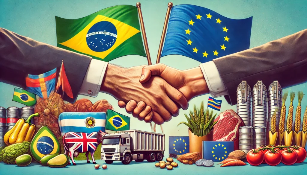 Aperto de mãos simbolizando o acordo Mercosul-União Europeia, com bandeiras do Mercosul (Brasil, Argentina, Uruguai, Paraguai) e da União Europeia, além de símbolos de produtos agrícolas e industriais representando o comércio entre os blocos.